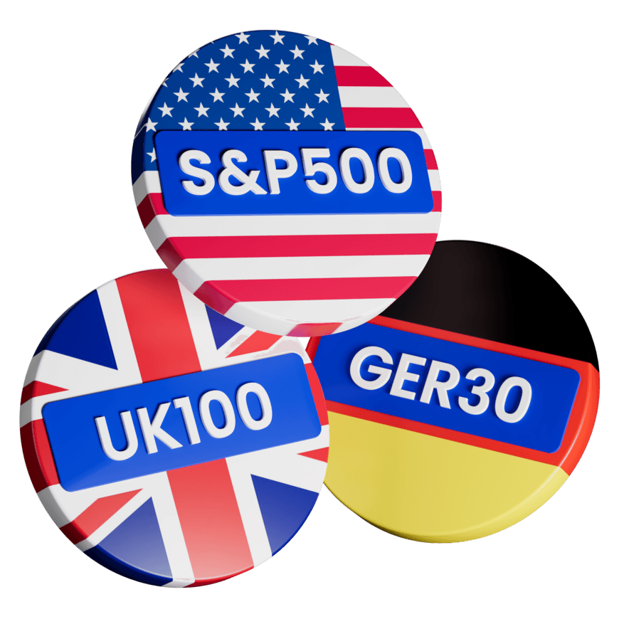 S&P 500、UK100、GER30の株価指数バッジの3Dイラスト