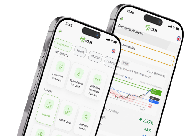 2台のスマートフォンに表示されたCXM Hubアプリ
