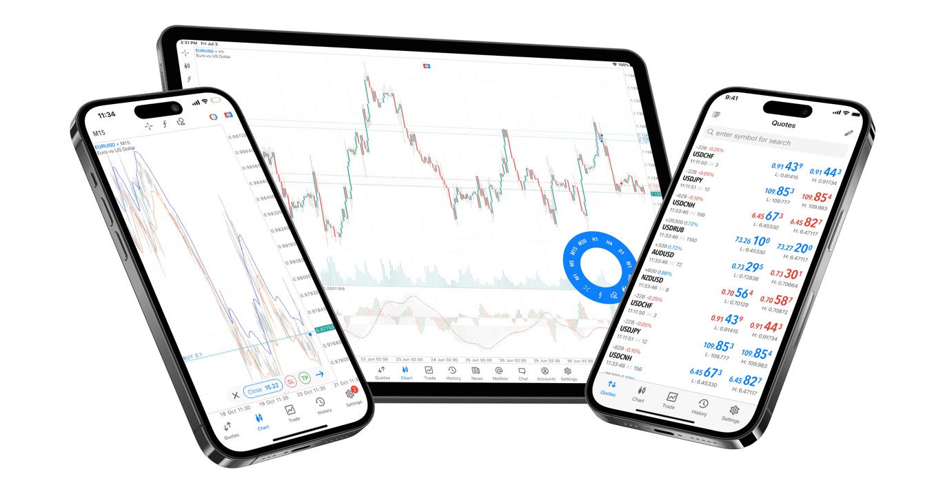 Plateforme MetaTrader 5 sur ordinateur portable et mobile avec le logo MT5