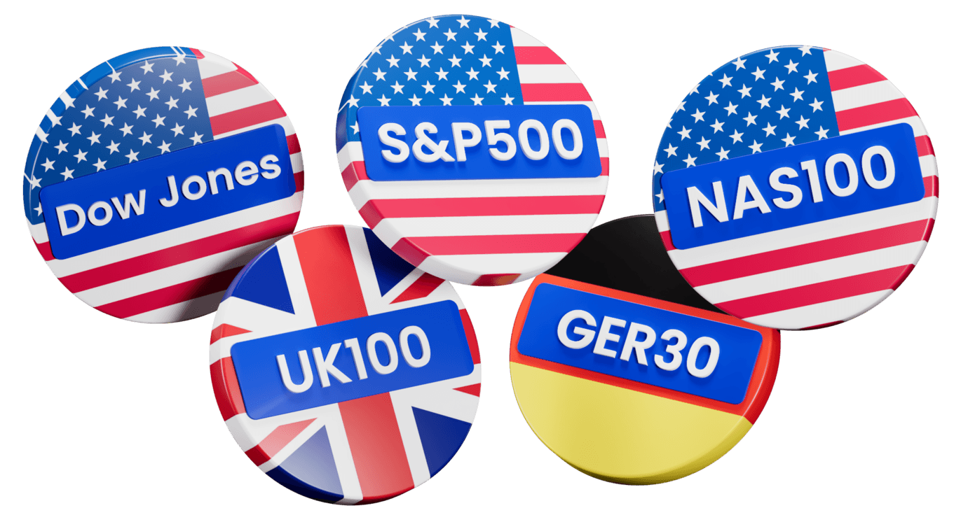 グローバル株価指数バッジ — ダウ・ジョーンズ、S&P 500、NAS100、UK100、GER30