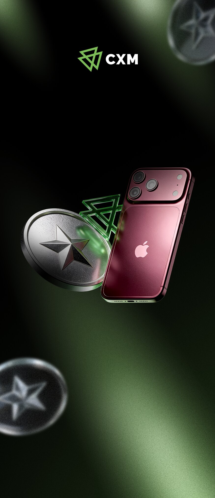 A silver star coin and a burgundy iPhone 18 Pro Max on a dark green background